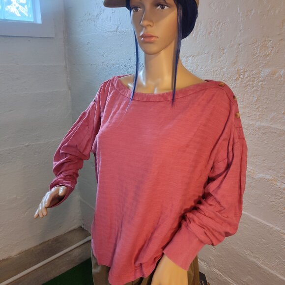 Anthropologie Blush Pink Off the Shoulder Long Sleeve Button Accents Blouse M - Picture 2 of 12